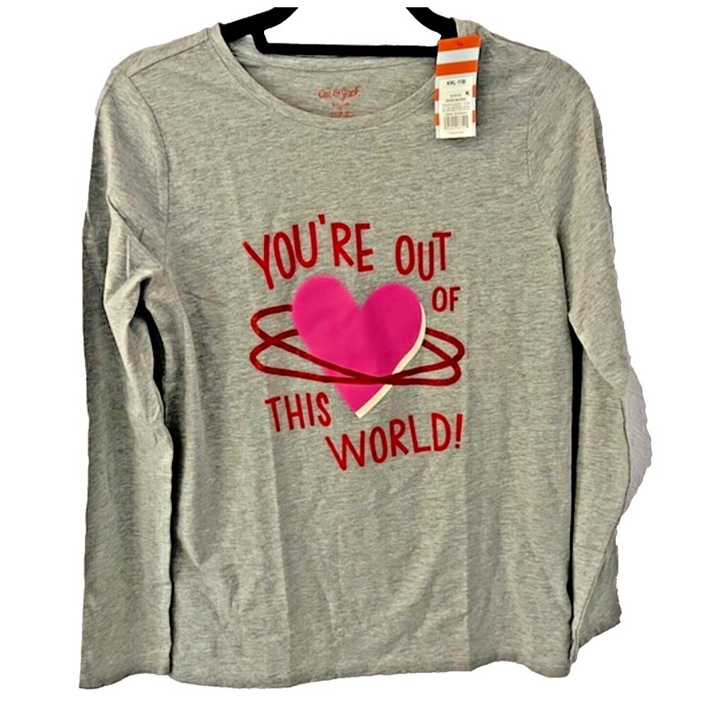 Cat & Jack Girls Valentine Pink Heart Long Sleeve Graphic T-Shirt Size XXL New!